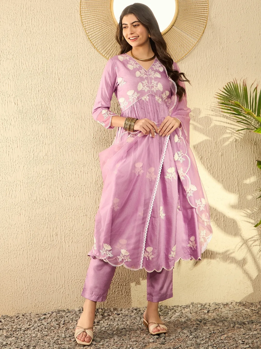 Women Lavender Silk Blend Solid Embroidered A-Line Kurta Trouser With Dupatta