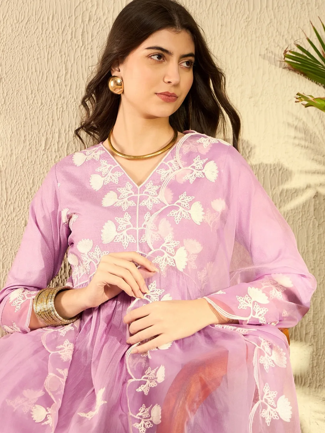 Women Lavender Silk Blend Solid Embroidered A-Line Kurta Trouser With Dupatta