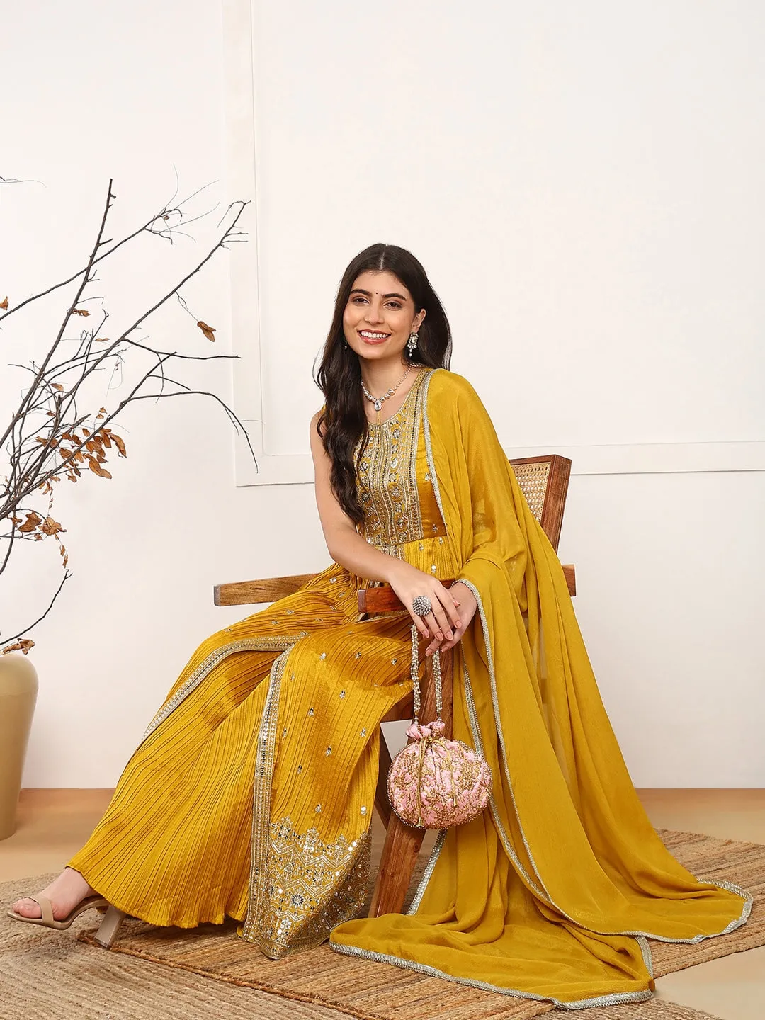 Women Mustard Silk Blend Solid Embroidered A-Line Kurta Trouser With Dupatta