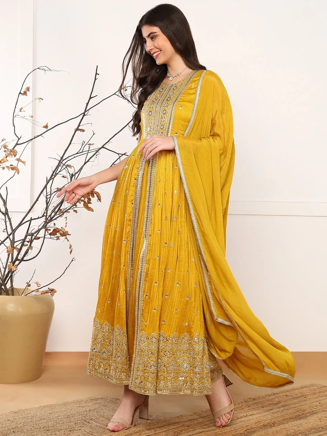 Women Mustard Silk Blend Solid Embroidered A-Line Kurta Trouser With Dupatta