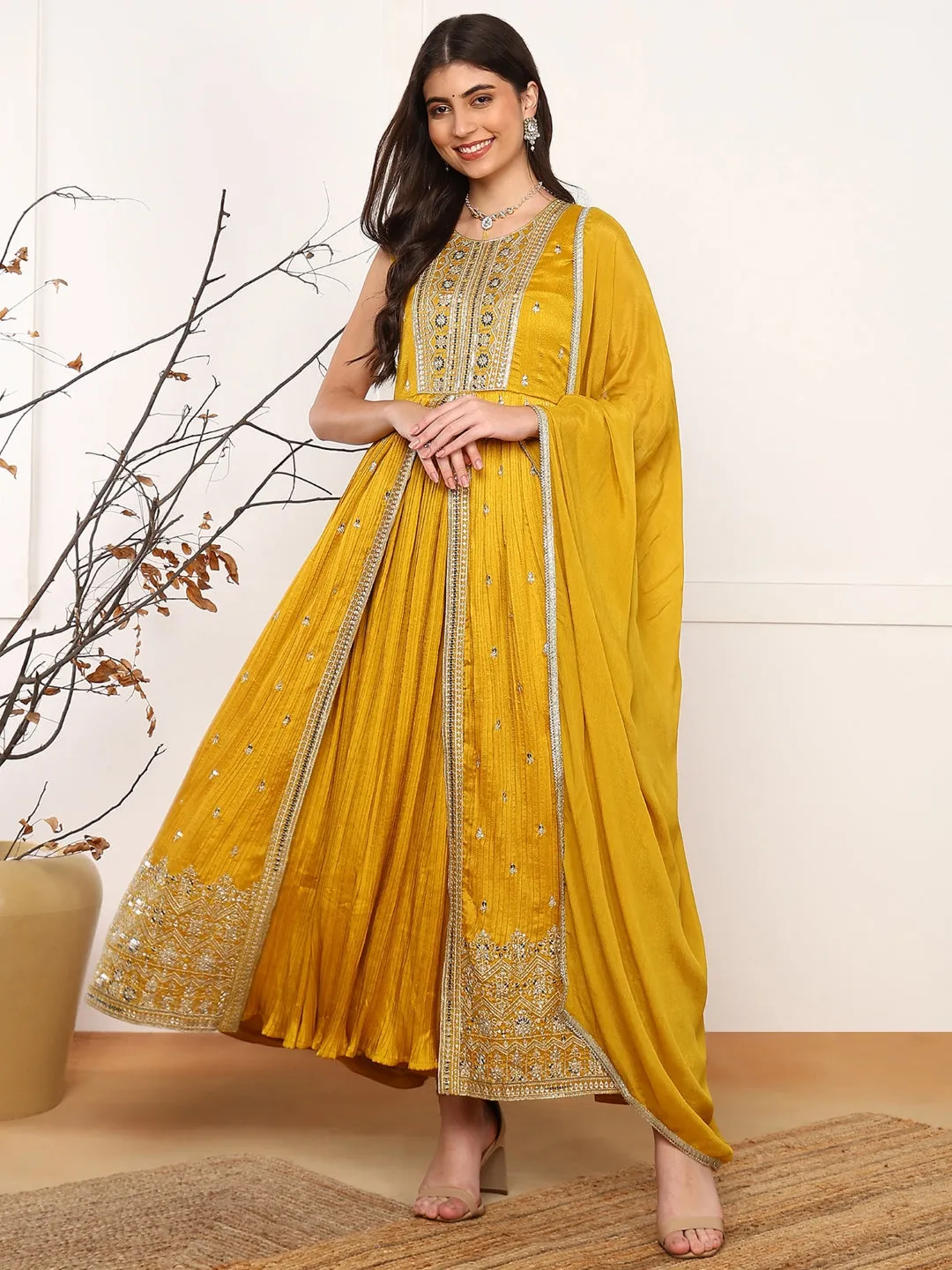 Women Mustard Silk Blend Solid Embroidered A-Line Kurta Trouser With Dupatta