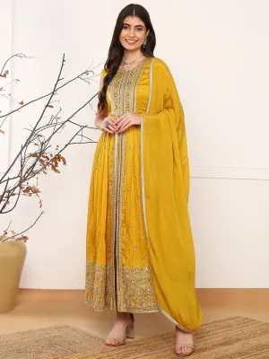 Women Mustard Silk Blend Solid Embroidered A-Line Kurta Trouser With Dupatta