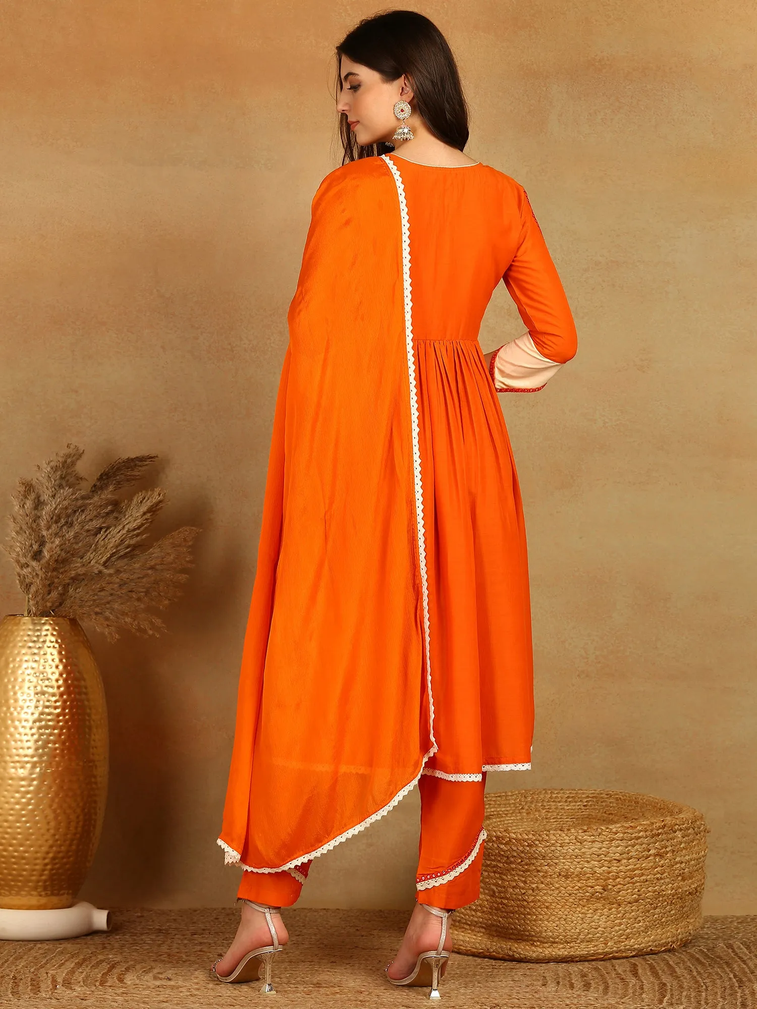 Women Orange Viscose Rayon Solid Embroidered Anarkali Kurta Trouser With Dupatta