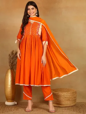 Women Orange Viscose Rayon Solid Embroidered Anarkali Kurta Trouser With Dupatta