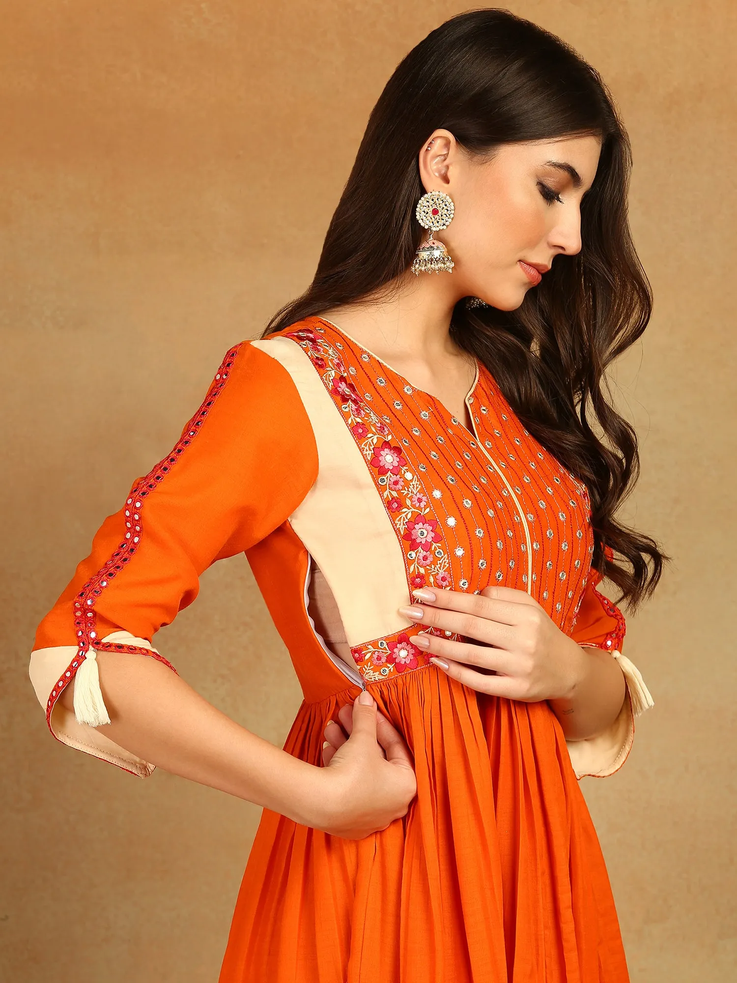 Women Orange Viscose Rayon Solid Embroidered Anarkali Kurta Trouser With Dupatta