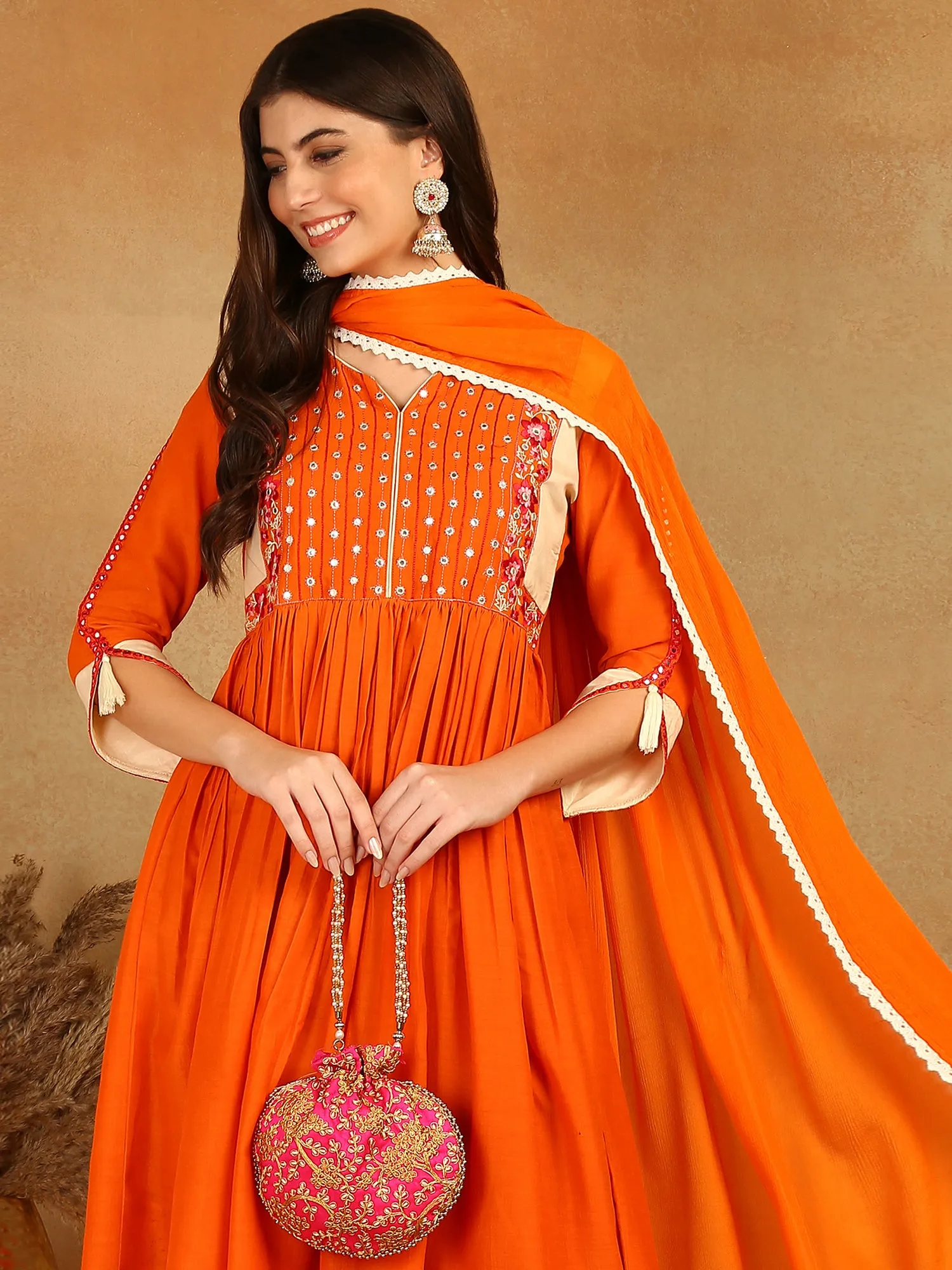 Women Orange Viscose Rayon Solid Embroidered Anarkali Kurta Trouser With Dupatta