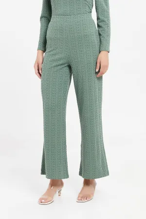 Women Teal Wide Leg Textured Trousers