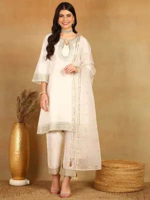 Women White Silk Blend Solid Embroidered A-Line Kurta Trouser With Dupatta