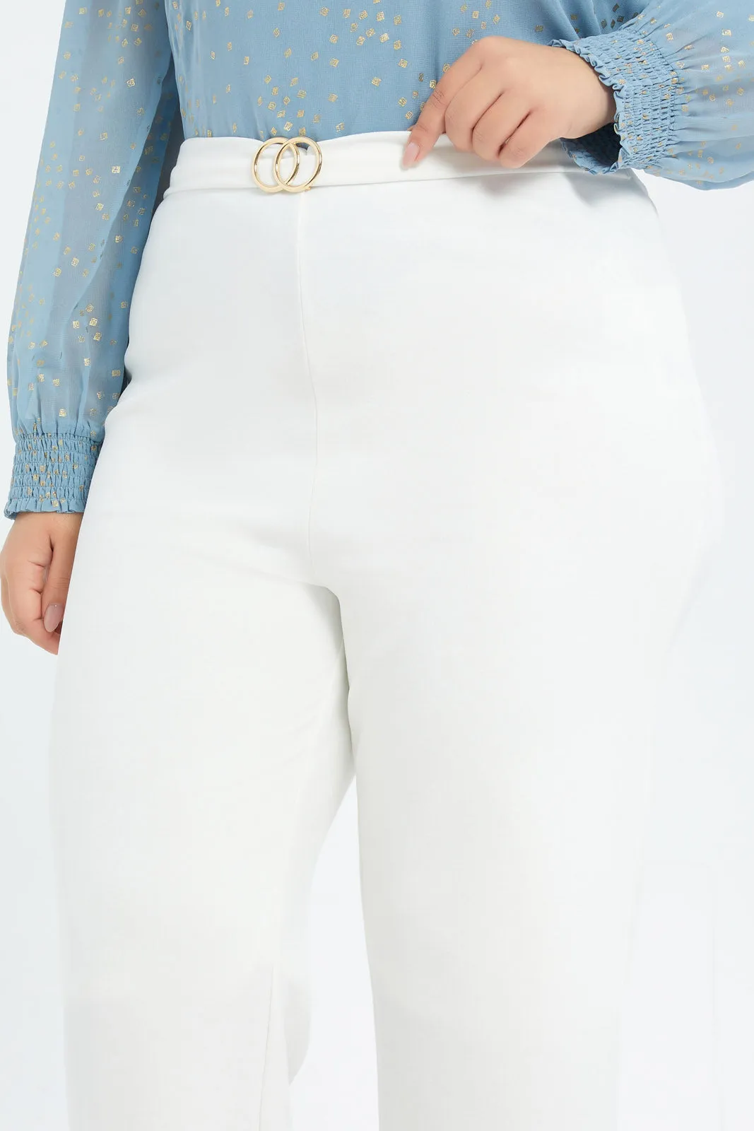 Women White Wide Leg Pants With Metal Buckle Detail