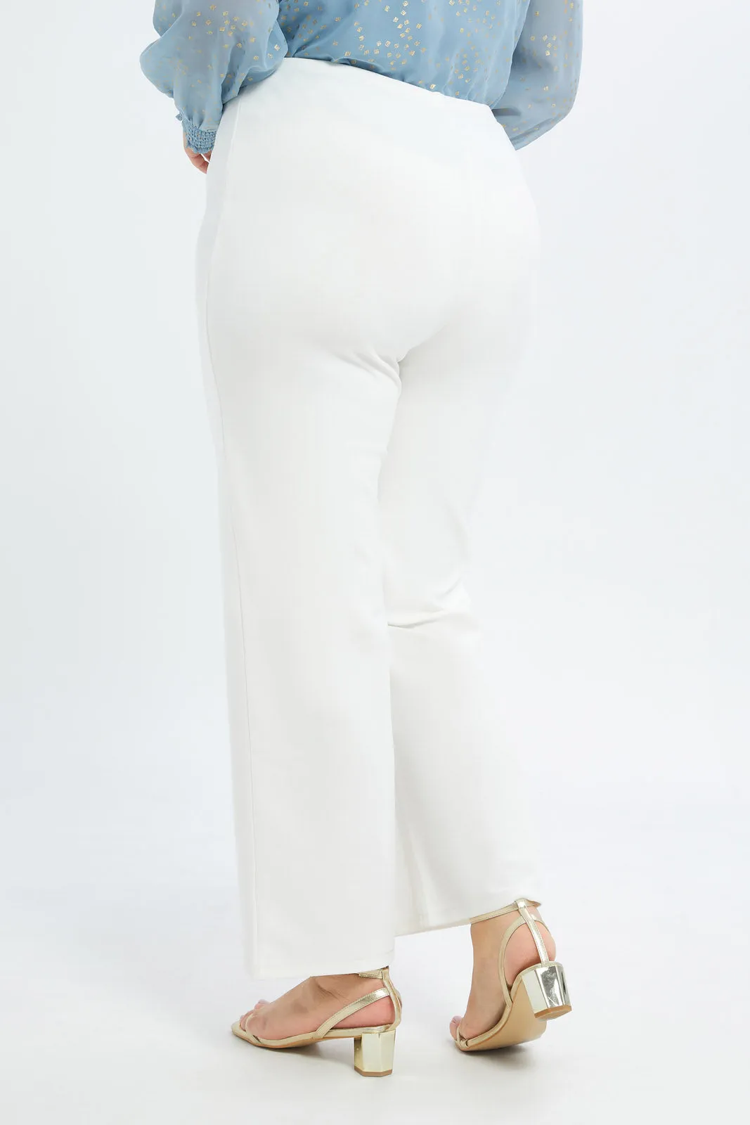 Women White Wide Leg Pants With Metal Buckle Detail