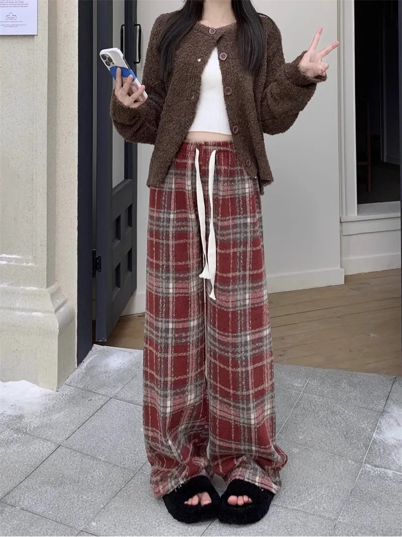 Women's Casual Stylish Plaid Wide-Leg Pants Bottom