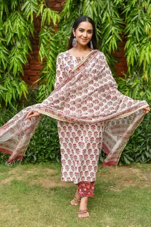 Womens Cotton Blend Kurta Pant Set With Dupatta