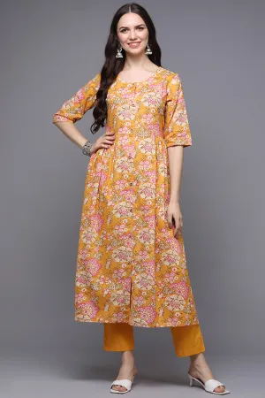 Yellow Cotton Floral A-Line Kurta